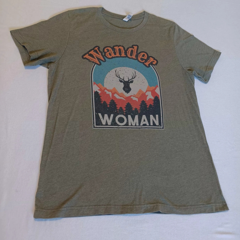 Bella Canvas Olive Green 'Wander Woman' Tee Sz L With Deer Gorpcore Camping Hunt